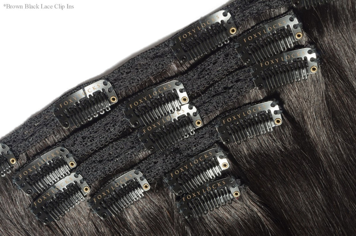 Brown Black - Double Wefted Lace Full Head Clip in Human Hair Extensions