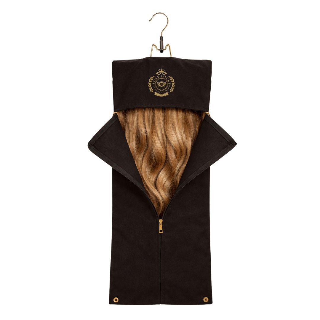 Clip In Hair Extensions Travel Carrier Storage Bag + Hanger - Black/Gold